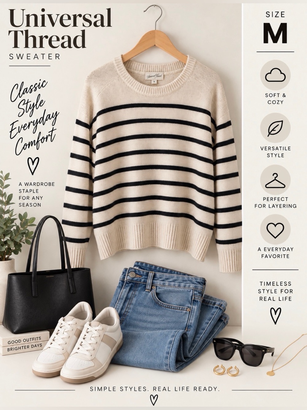 Universal Thread Beige and Black Striped Crewneck Sweater